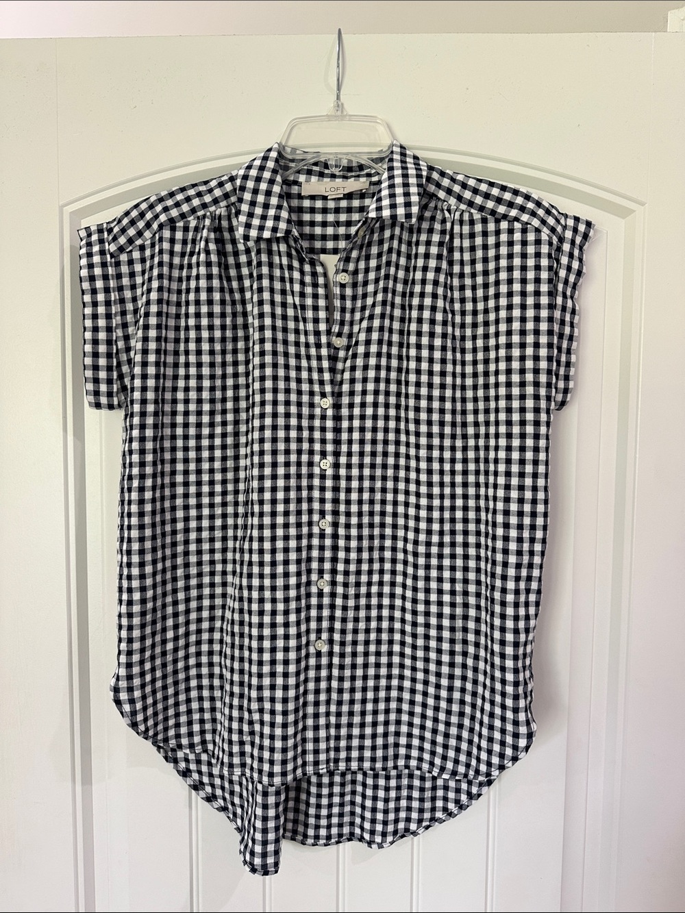 LOFT Black & White Gingham Button-Down Cap Sleeve Shirt